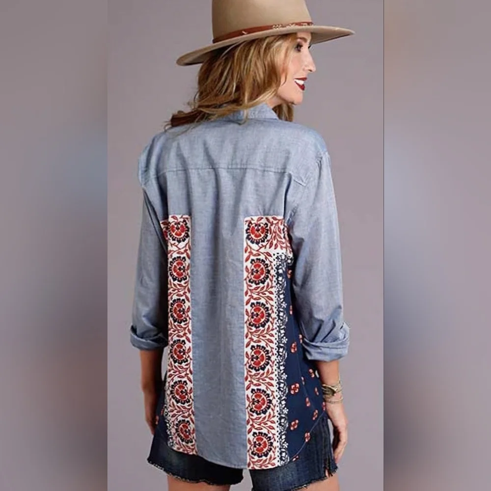 Free People Bandana Chambray Western Shirt Button-up Size Medium